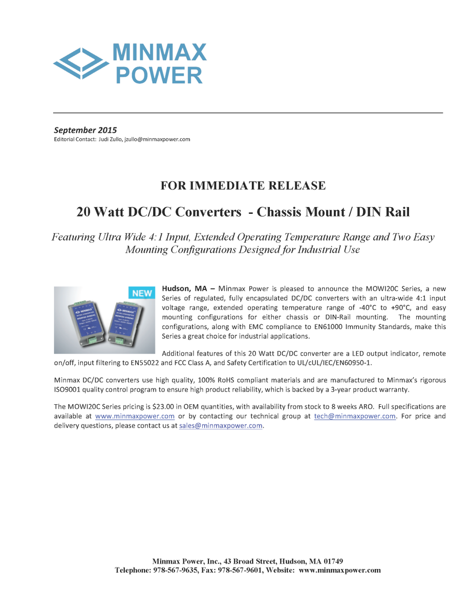 minmax_power's tweet image. Press Release: MOWI20C Series 20 Watt DC/DC Converters - Chassis Mount/DIN Rail