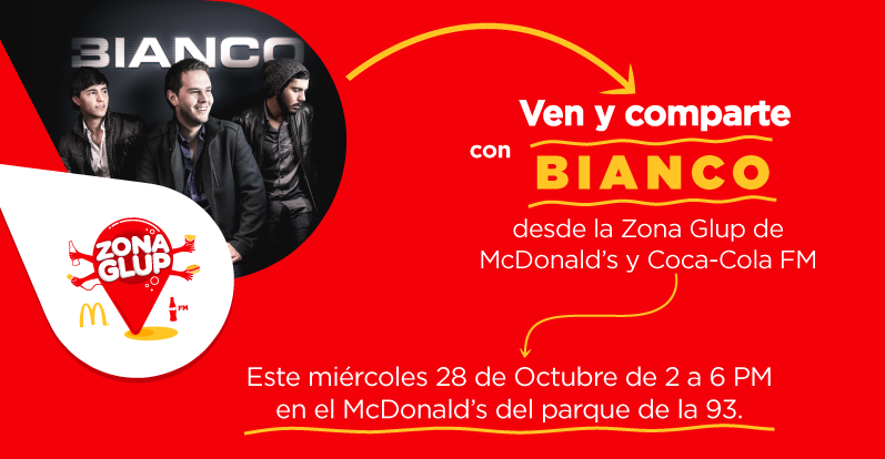 CocaColaForMeCo's tweet photo. Mañana tendremos una tarde de muchas 🍔y mucha 🎵en la #ZonaGlup de @McDonaldsCol y #CCFM con @Biancomusic! https://t.co/fycAKQrsXA