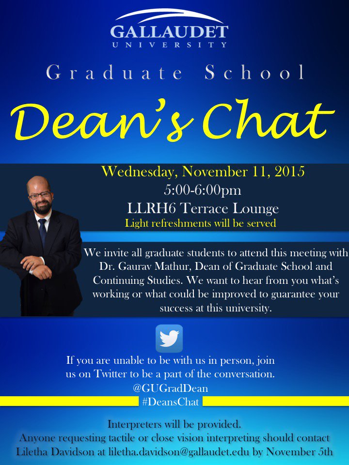 GUGradDean's tweet photo. Save the Date for the Dean's Chat on November 11th from 5-6pm. We invite all Graduate students. https://t.co/ZWPO70geVW