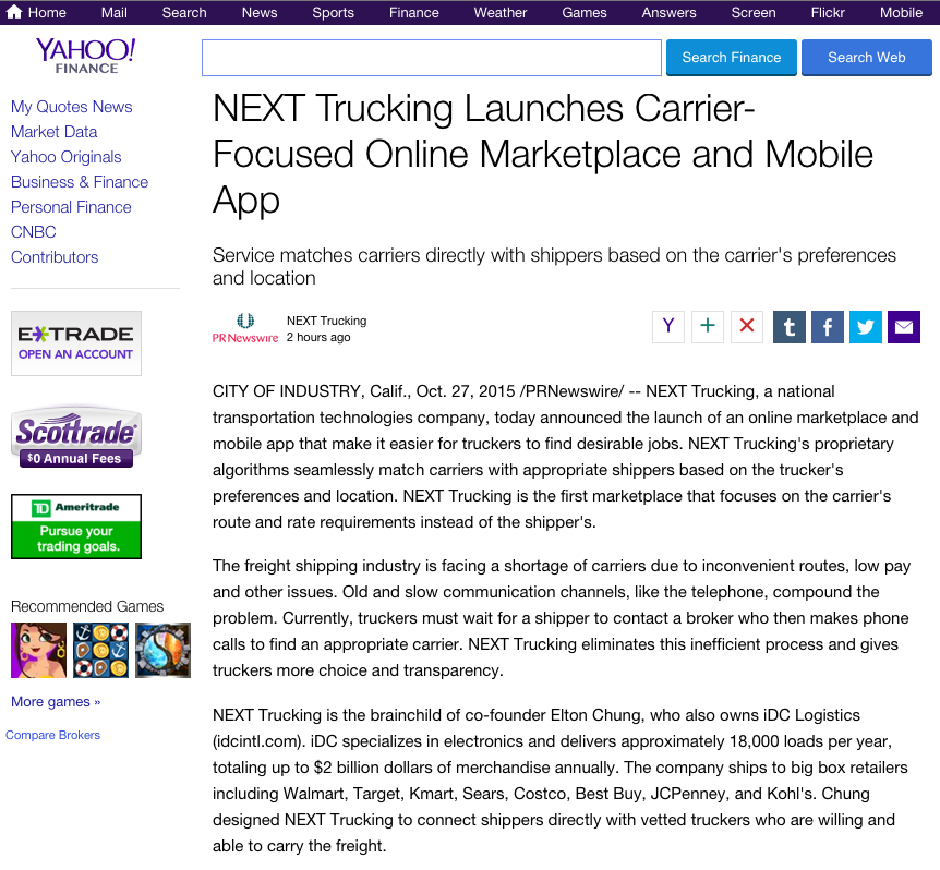 Yahoo Finance coverage about <a href="/nexttrucking/">NEXT Trucking</a> 's launch. yhoo.it/1MqRh4W