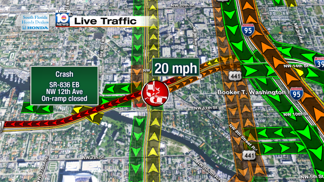On-ramp closed on SR-836 EB at NW 12th Ave due to crash. 20mph speeds #traffic #miami @JeniseFernandez https://t.co/yDMZQMod2M