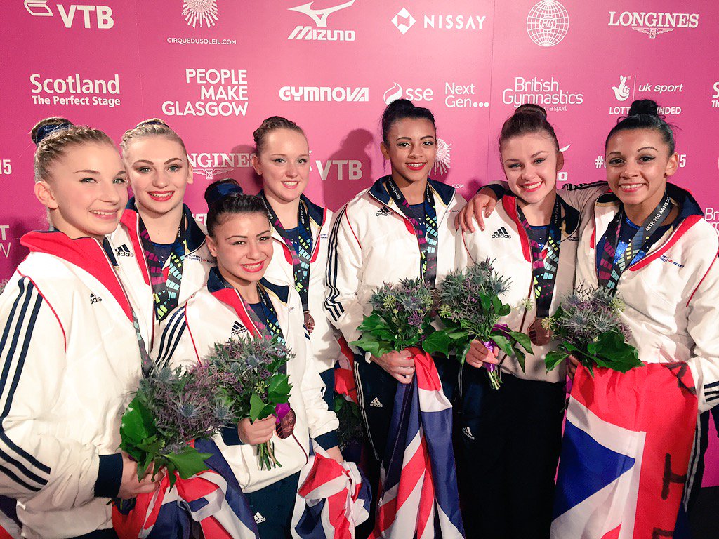 BritGymnastics's tweet photo. Your WORLD BRONZE medal winners! GB women's #gymnastics team! History makers! #Glasgow2015 https://t.co/iU2p5MwNXs