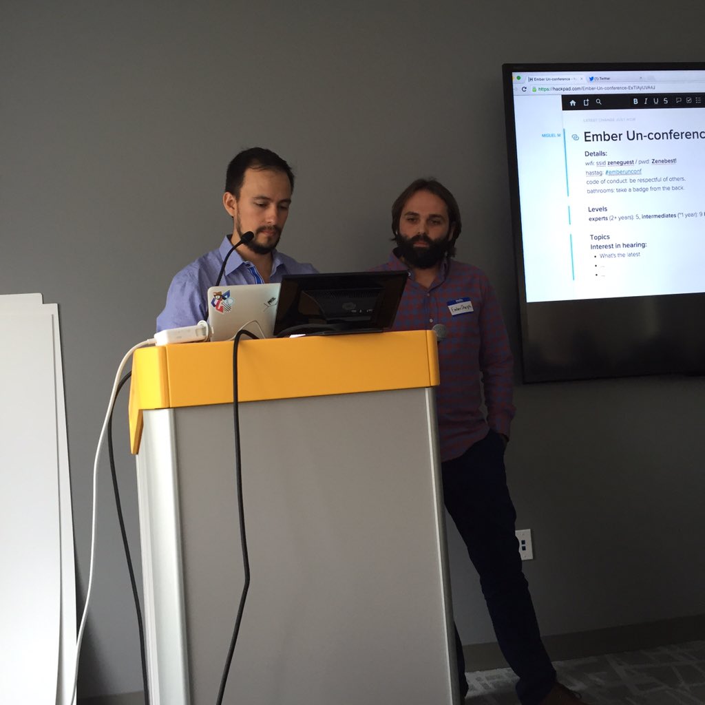 mde's tweet photo. Ember Unconference at Zenefits office, @EmberSherpa and @mamadero kicking it off. #EmberUnconf #javascript https://t.co/CAUrtWuVB2