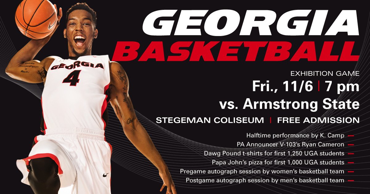 UGAAthletics's tweet photo. Mark your calendars! @UGABasketball's exhibition vs. Armstrong State next Friday is free admission and fun for all! https://t.co/b0ojegrU9r