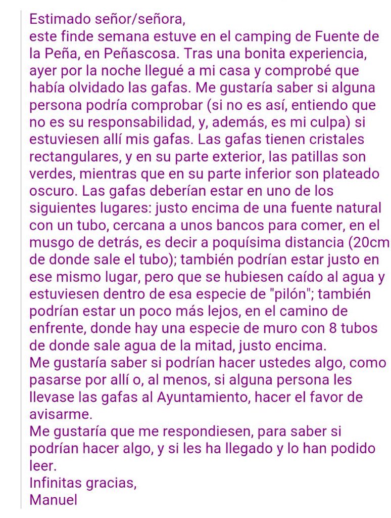 mcarvajal_'s tweet photo. Lloro. Manuel se va de camping a Peñascosa. Olvida las gafas en una fuente. Escribe al Ayuntamiento, y le responden https://t.co/YrnADn84C3