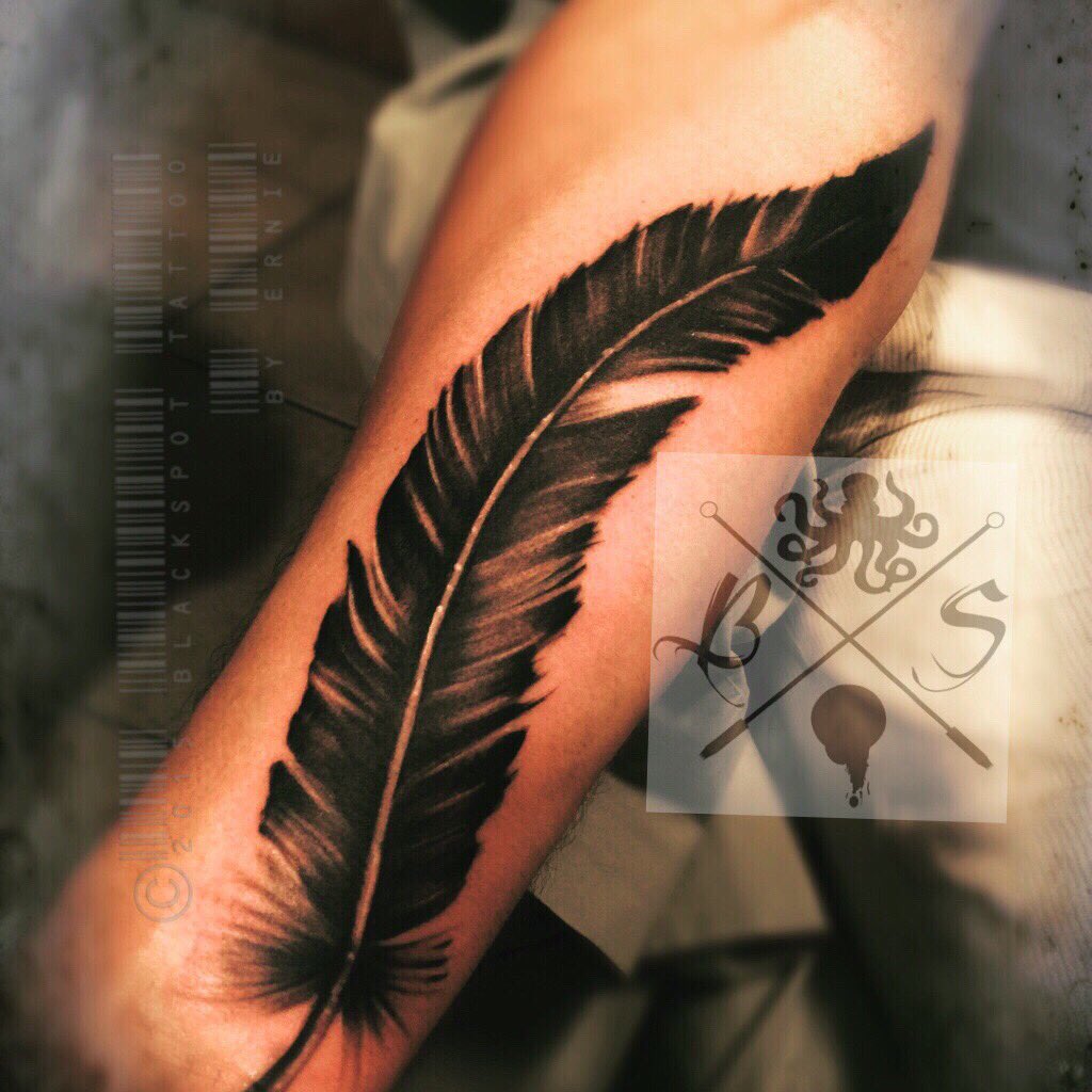 Forearm feather tattoo done... - The Dark Raven Tattoo Lounge | Facebook