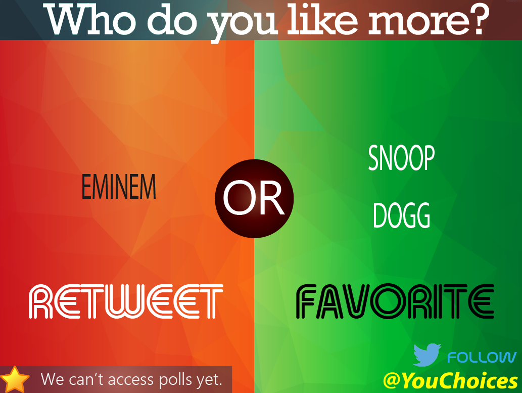 YouChoices's tweet photo. Eminem or Snoop Dogg? https://t.co/QuGZfsJ7rJ