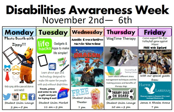 UASuccess's tweet photo. Make sure you check out these Disabilities Awareness Week programs/activities! #uakron #rootalk #college https://t.co/rJFv1afjoi