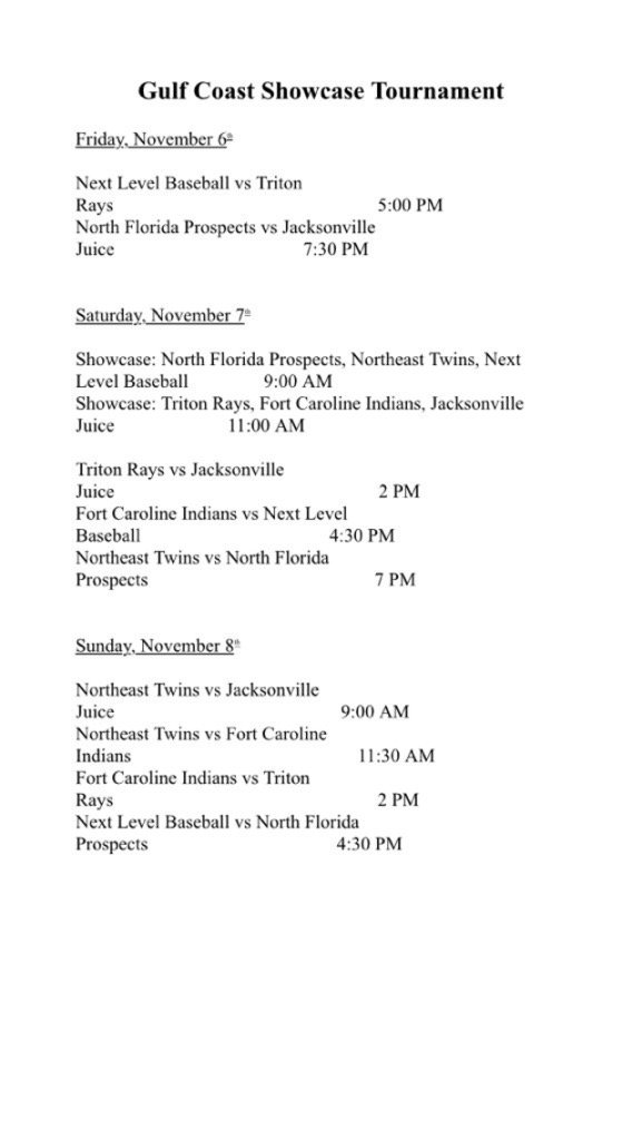 NFProspects's tweet image. Schedule for the Gulf Coast Showcase tournament is posted!