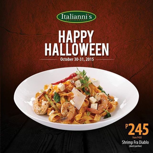 ItaliannisPH's tweet photo. Celebrate Halloween with us on October 30 &amp; 31 and enjoy your favorite Shrimp Fra Diablo for almost half off! https://t.co/JsPza5wEFN