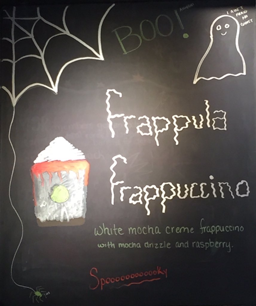 Chilling white mocha with a haunting of raspberry. SIP IF YOU DARE....Frappula Frappuccino. Limited time offer.