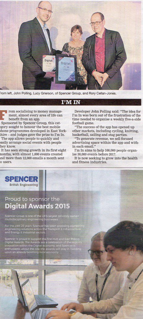 Spencer Group (@spencer_group) on Twitter photo From @hulldailymail, niece piece on <a href="/im_in_app/">I'm In App</a>, winner of Best Mobile App award we sponsored in #HEYDigitalAwards. From @hulldailymail, niece piece on <a href="/im_in_app/">I'm In App</a>, winner of Best Mobile App award we sponsored in #HEYDigitalAwards.