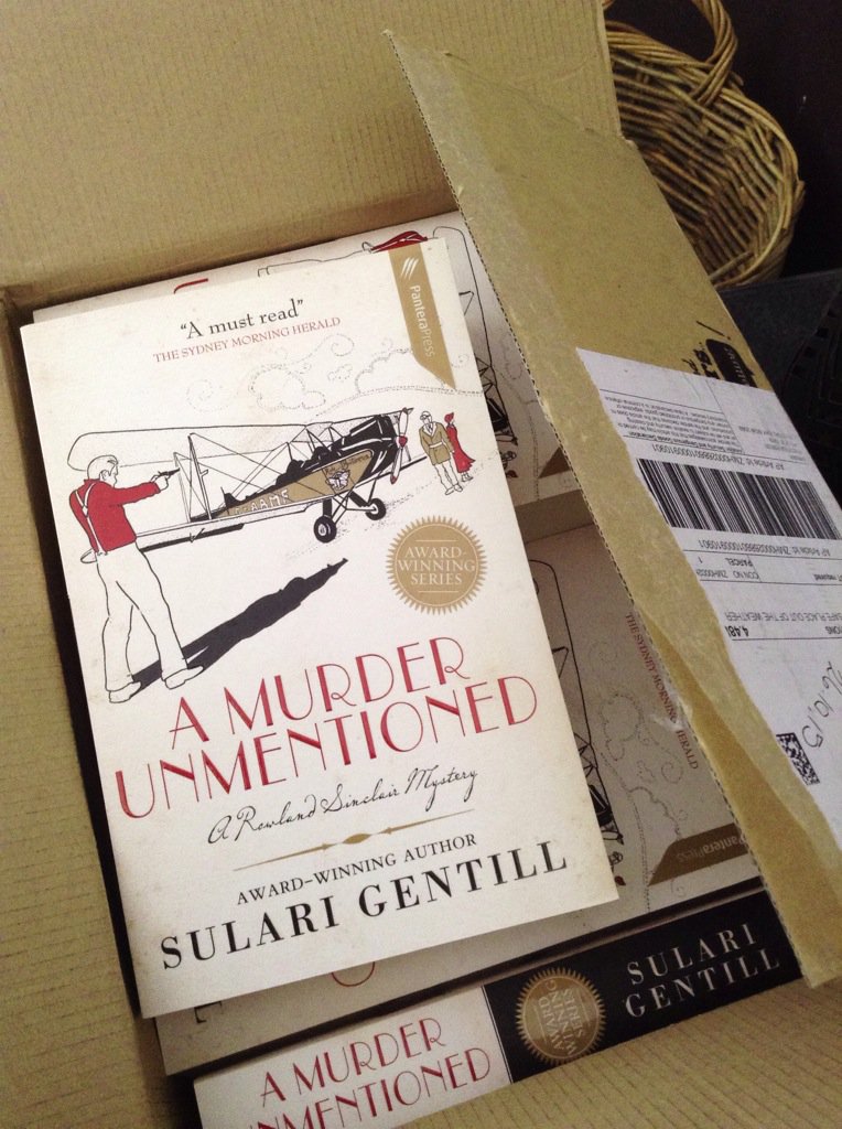 SulariGentill's tweet photo. My author copies of A Murder Unmentioned (B-format) have arrived! #havebooks #boxesofstuff #RowlandSinclair https://t.co/dDjfKowaEU