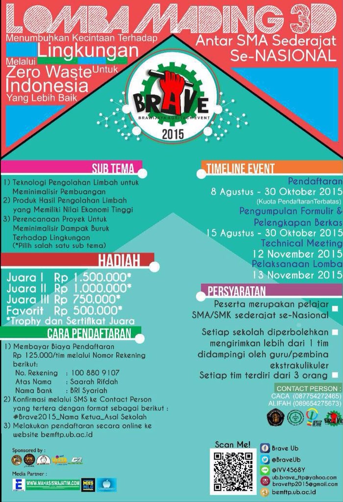 BraveUb's tweet photo. Lomba Mading 3D BRAVE FTP UB utk SMA/sederajat diperpanjang sampai 30 Oktober 2015! AYO DAFTAR! @mahasiswamlg https://t.co/04B23TnVr3