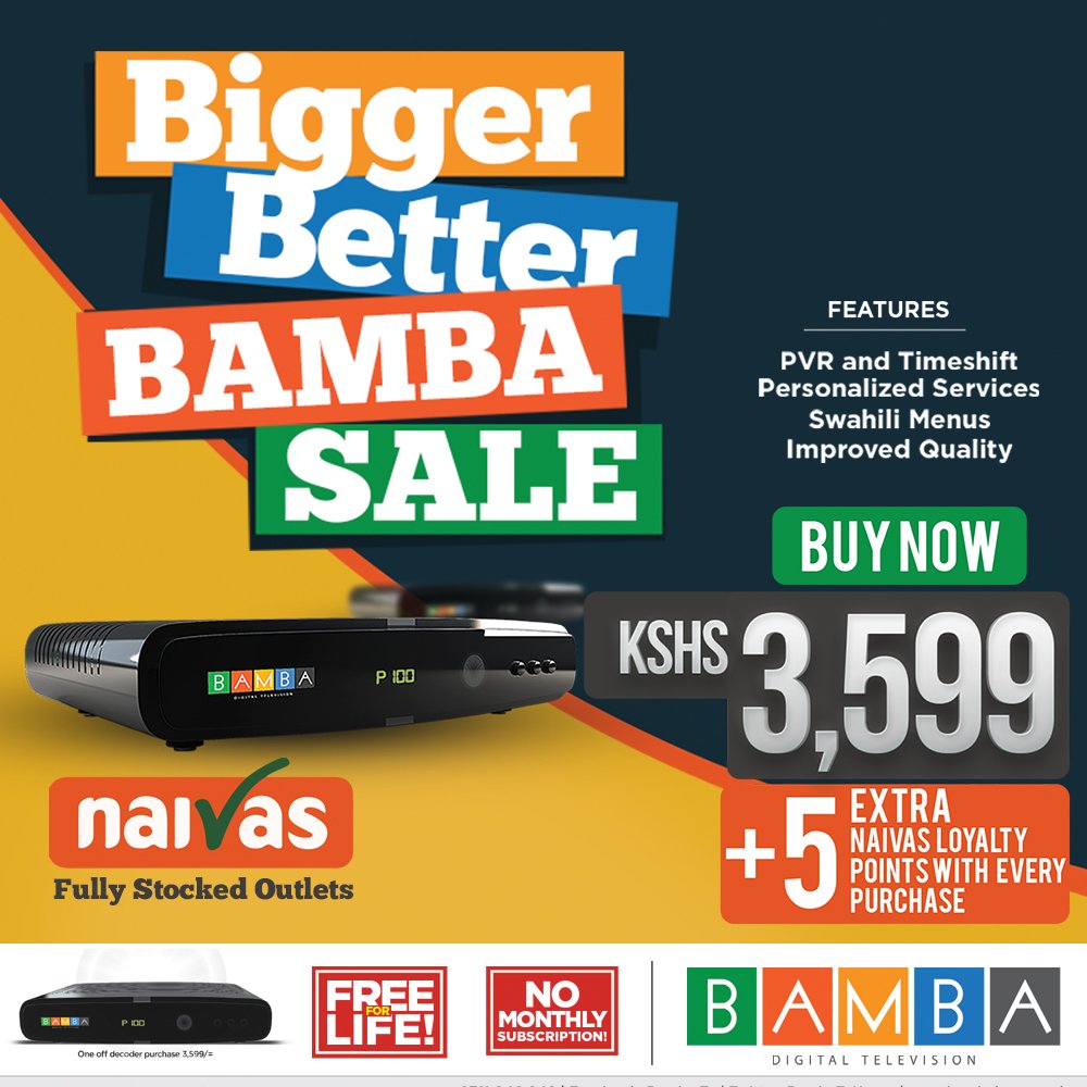 BambaTVKenya's tweet photo. Don't be left out of the Future of TV.Hurry and Grab your Bamba Decoder Now @Naivas_Kenya and earn 5 loyalty points. https://t.co/t0VkHQiIjN
