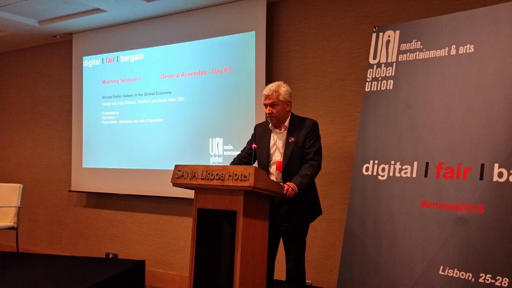 bectu's tweet photo. Speakers from the UK, Holland &amp; Nigeria speak up in defence of the #BBC at today's #unimei assembly in Lisbon. https://t.co/nY80cmrqfy