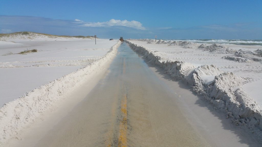 TylerWREG's tweet photo. Nope, not snow... It's feet of sand on the road along Gulf Islands National Seashore! (photo credit). #flwx https://t.co/8Hjp0zCWu6