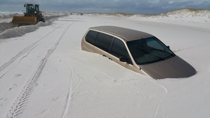 TylerWREG's tweet photo. Nope, not snow... It's feet of sand on the road along Gulf Islands National Seashore! (photo credit). #flwx https://t.co/8Hjp0zCWu6