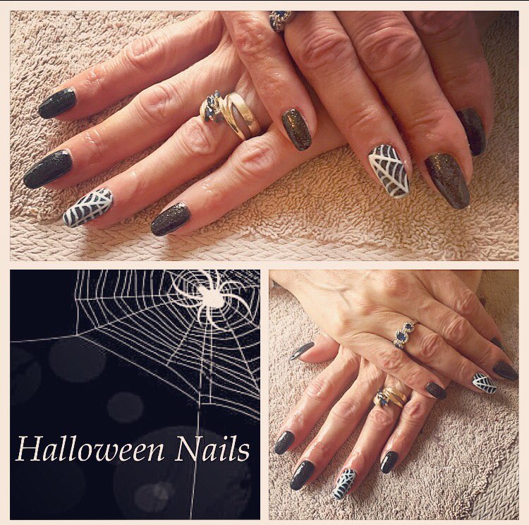 MaplesStamford's tweet photo. Halloween Nails 👻🎃 @JessicaNails Jessica Geleration 'Black Ice' with some added Spider webs! #maples #stamford https://t.co/WLnyFBxfcX