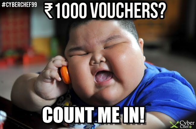 cyberchefindia's tweet photo. Come and grab Meal Vouchers worth Rs. 1000 but first tell us, what can you buy something under Rs.99? #CyberChef99 https://t.co/rzW7Km4k7V
