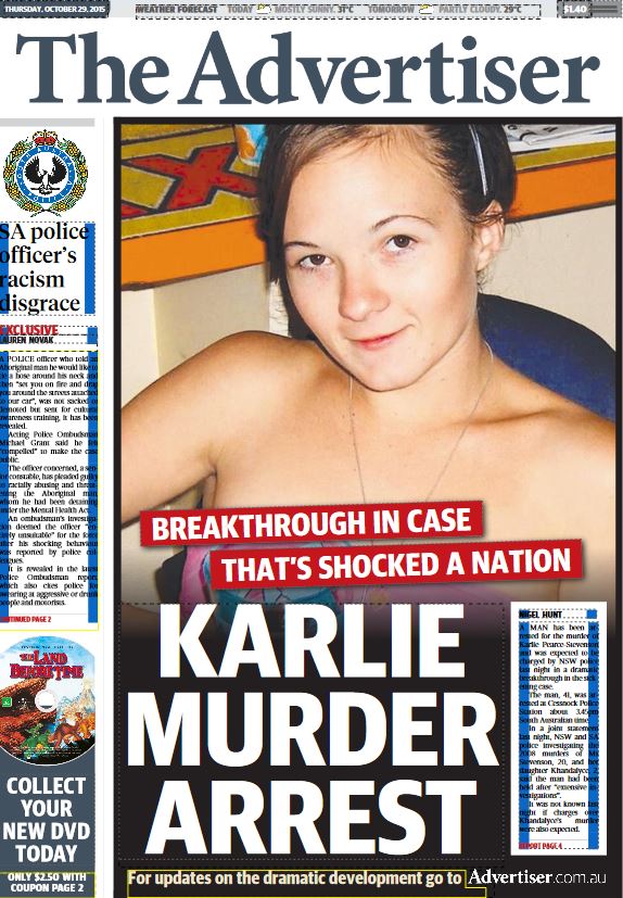 andrew_hough's tweet photo. '#Karlie murder arrest': @theTiser 1st edition after presses held for dramatic breakthrough #Belanglo #Wynarka https://t.co/CppeQdzmdr