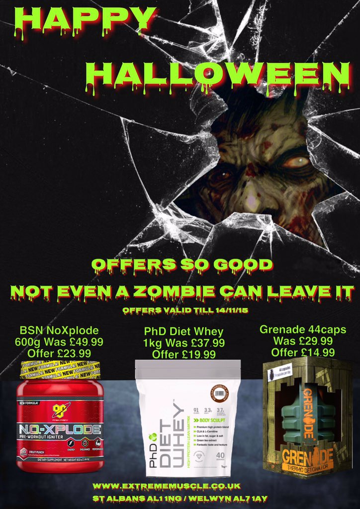 ExtremeWelwyn's tweet photo. CHEAP DEALS FOR HALLOWEEN. #grenade #PhD #phdnutrition #extremestalbans #extrememuscleandfitness #cheapsupplements https://t.co/TjvFlFgCXT