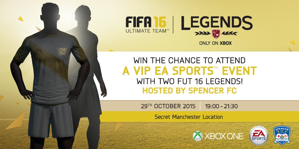 xboxuk's tweet image. Tap RT for your chance to attend a VIP #FIFA16 event this Thursday with @SpencerOwen and two #FUTLegends ⚽