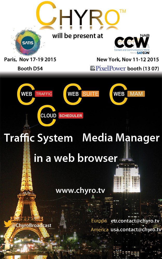 Pixel_Power's tweet photo. RT @ChyroBroadcast will exhibit at #CCWSATCOM 11/12 nov booth 13 07 NYC &amp; @satisexpo 17/18/19 nov hall 5 / D54 https://t.co/Mw8jkqNpwl