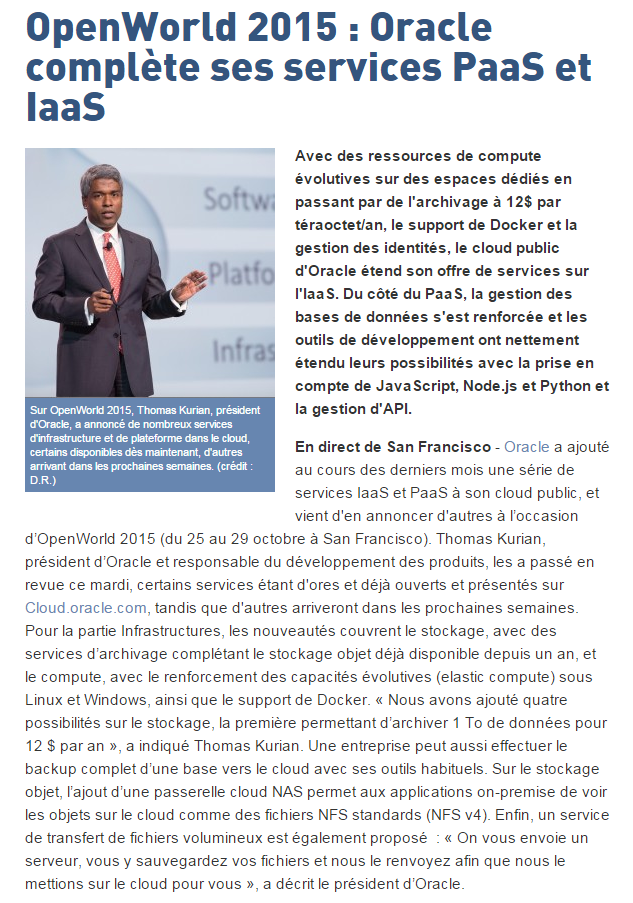 FranckyPedia's tweet photo. #OpenWorld2015 : #Oracle complète ses services #PaaS et #IaaS: https://t.co/OI6Xj3iTkq via @MondeInformatiq #Cloud https://t.co/LZ2w7rtHlY