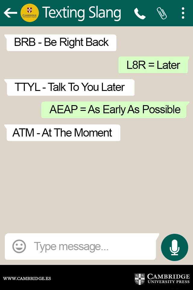 CambridgeEngSP's tweet image. Continuamos con nuestro mini curso de #TextingSlang