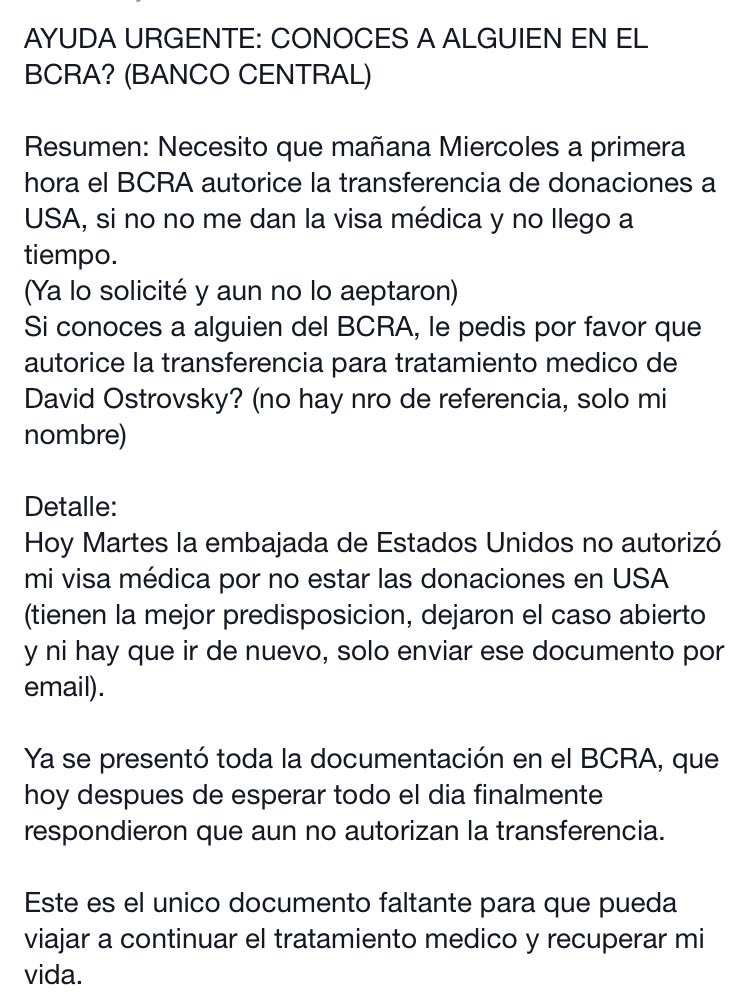 ayudemosadavid's tweet photo. URGENTE Necesito que el BCRA me autorice transferir los fondos a USA para visa médica ¡Por favor @VanoliAlejandro! https://t.co/ceYeT5UmVc