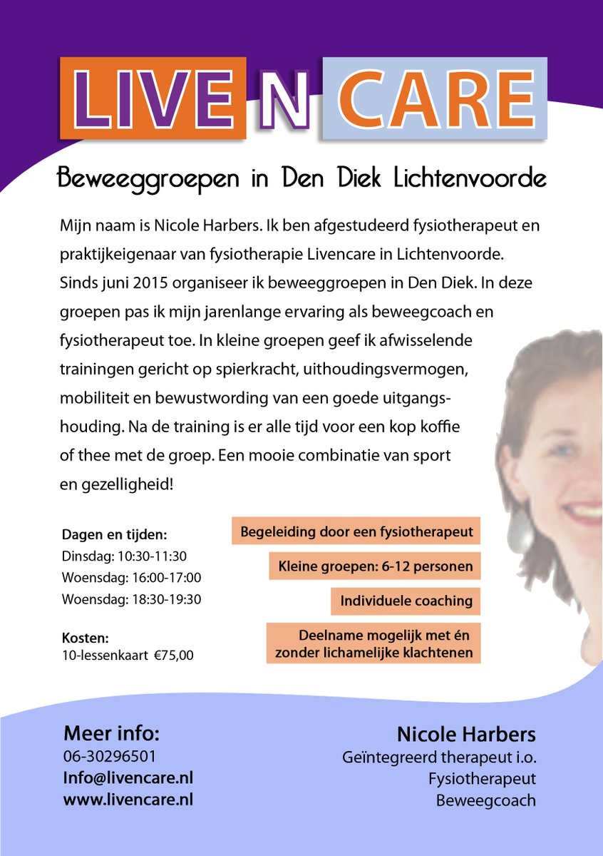 Livencare's tweet photo. Het is vanaf heden mogelijk een 10-lessenkaart te bestellen voor de beweeggroepen in #DenDiek @centrumL_voorde. https://t.co/bk7cIvXuBZ