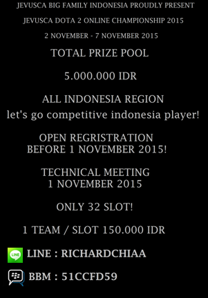 Jevusca_org's tweet photo. Jevusca big family indonesia present Jevusca Dota 2 Online Championship 2015. Total Prize Pool 5.000.000 IDR! https://t.co/a6UkUgCt8T