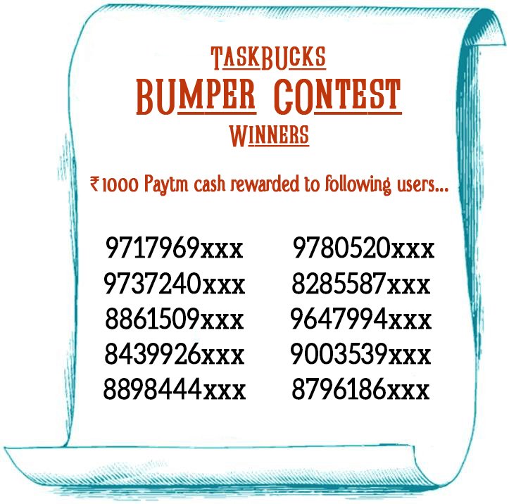 TaskBucksIndia's tweet photo. #Winners rewarded Rs1,000 #paytm cash for winning #TaskBucks Bumper #Contest! https://t.co/oAz5c7Xotx