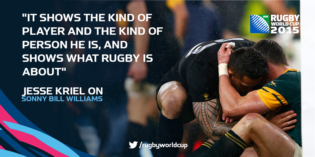 rugbyworldcup's tweet photo. Asked about THAT moment after #RSA's defeat by #NZL, this is what @JesseKriel15 said about @SonnyBWilliams #RWC2015 https://t.co/SSi9twFSk8