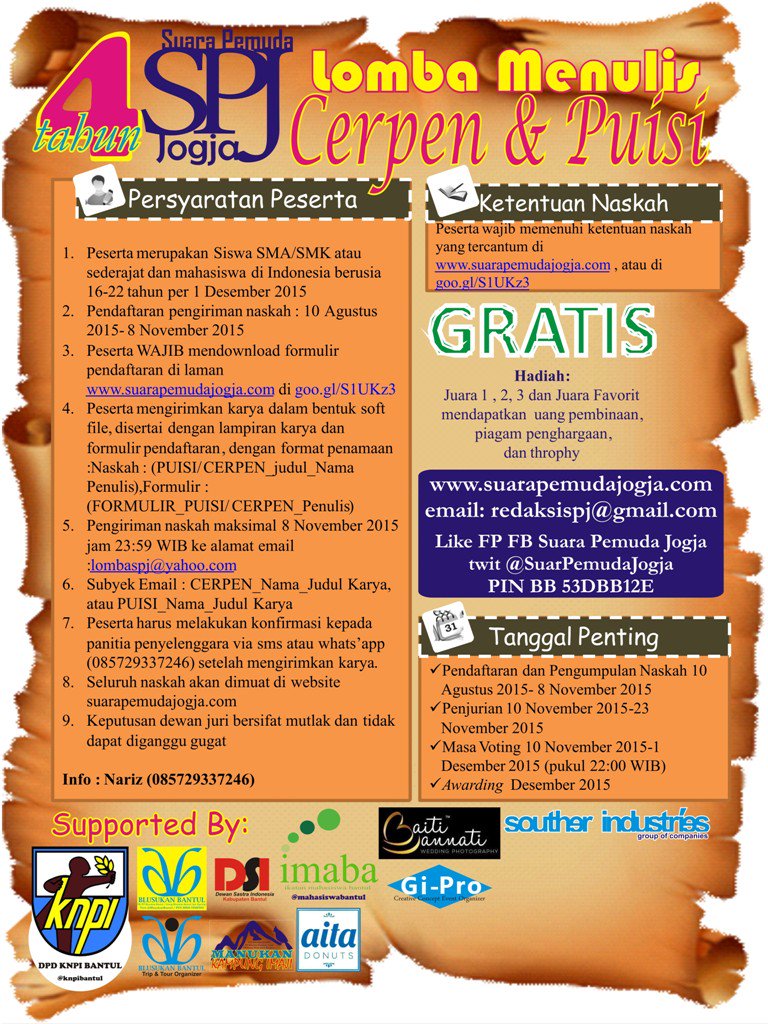 DL 8/11 Lomba Nulis Cerpen&amp;Puisi HUT Ke-4 SPJ goo.gl/rOnD46 Gratis Trims