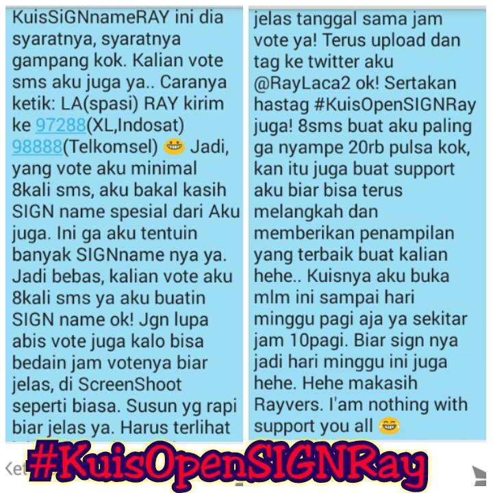 RayLaca2's tweet photo. Ini #KuisOpenSIGNRay ya:) dibaca ya guys.. hehe #BantuRetweet ok π Makasih:) https://t.co/frylJXyLVS