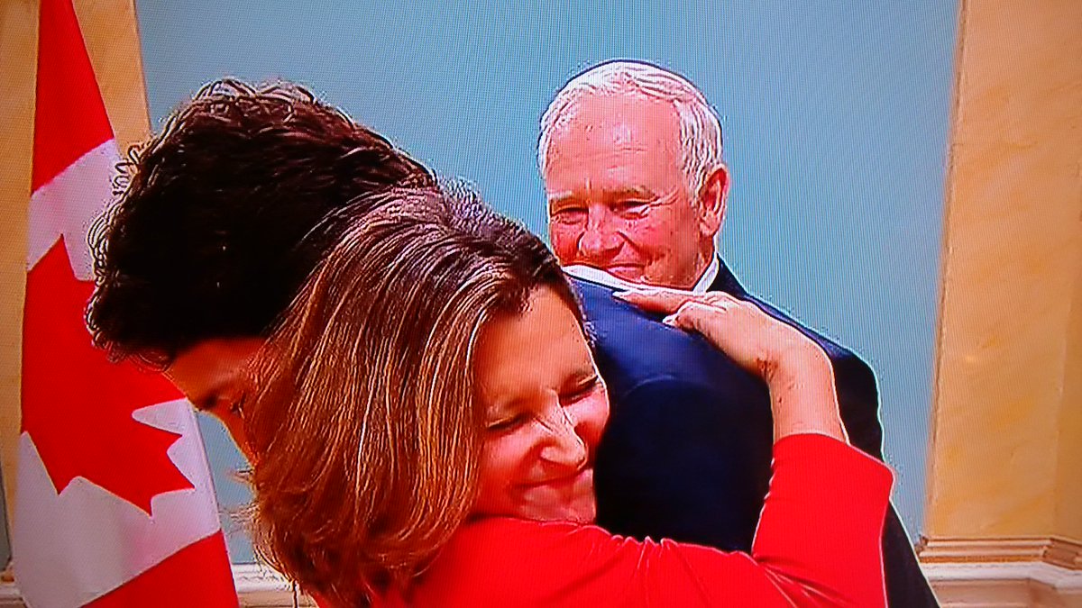 spaikin's tweet photo. the new intl trade minister @cafreeland hugs the boss. #cdnpoli #cabinetswearingin https://t.co/tDDW2Pq41J