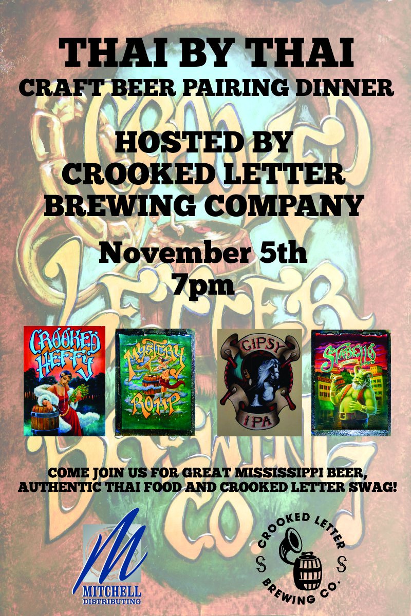 BeerLovesStarkV's tweet photo. Love craft beer &amp; Thai food? Come join us at @CrookedLetterBr on Nov. 5th at 7pm for a craft beer pairing dinner! https://t.co/yvEuMREHlN