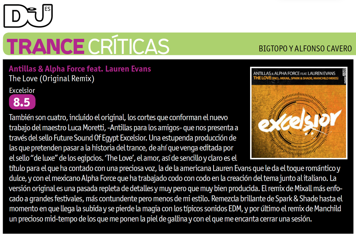 AntillasDJ's tweet photo. THX @DJMagEs for the amazing review!!! <3 Antillas & Alpha Force feat. Lauren Evans "The Love" #FSOEX #Armada https://t.co/VzyAZrOygA