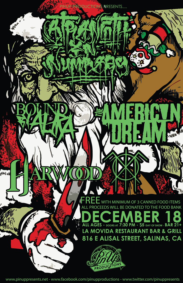 PinUpPresents's tweet photo. 12/18 Canned Food Drive W/ #StrengthInNumbers, @BoundByAura, #TheAmericanDream, @LiftMyFearband, &amp; @harwoodband! RT! https://t.co/RENgtwsKpF