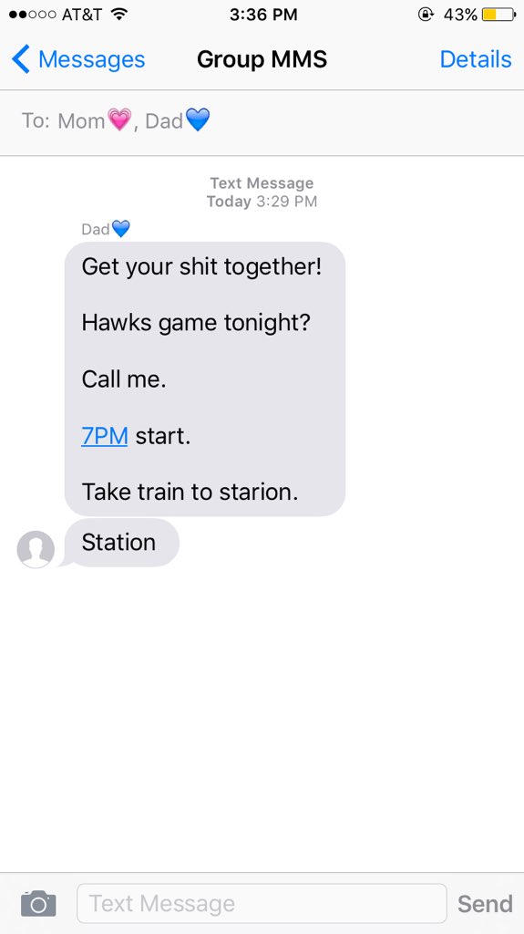 c_rini's tweet photo. When you get this text from your dad. Parents coming in clutch. #firsthawksgame π https://t.co/9fHUHxdhAf