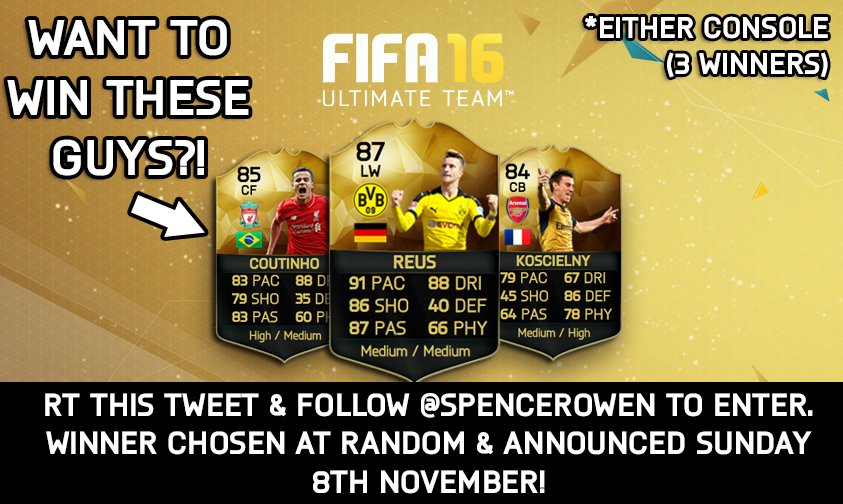 GIVEAWAY: Win TOTW <a href="/woodyinho/">Marco Reus</a>, <a href="/Phil_Coutinho/">Philipe Coutinho</a> &amp; @6_LKOSCIELNY! 3 winners! RT this tweet &amp; follow me to enter! #TOTW