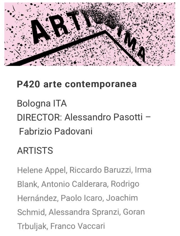 P420gallery's tweet photo. #Appel #Baruzzi #Blank #Calderara #Hernández #Icaro #Schmid #Spranzi #Trbuljak #Vaccari @ArtissimaFair https://t.co/URuQgDXWNS