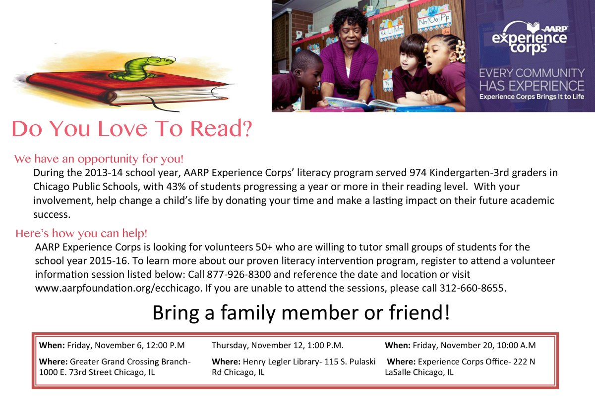 aarpecchicago's tweet photo. Experience Corps is looking for volunteers 50+ willing to tutor small groups of students for the school year 2015-16 https://t.co/gNvGHhnKM3