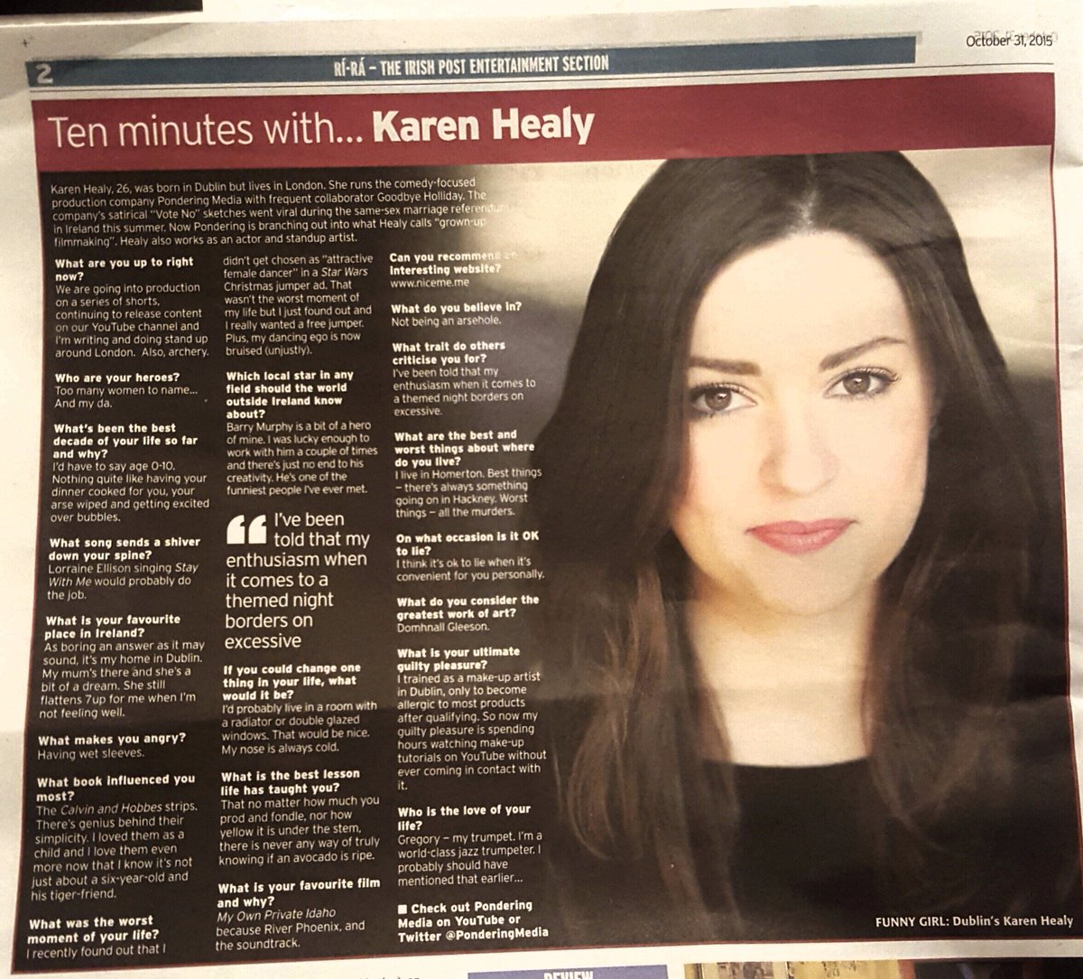 PonderingMedia's tweet photo. Karen in the @theirishpost! For more of Karen's acting brain thoughts, click here - https://t.co/8LAfuq5IMy https://t.co/LVEFVJovUq