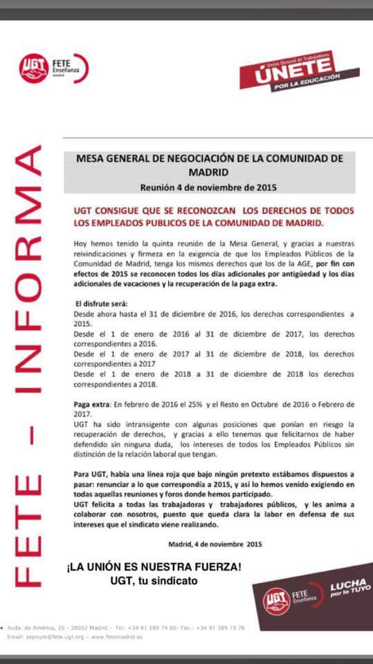 UGT-UCM (@ugt_ucm) on Twitter photo Acuerdo en la Mesa General  de la Comunidad  de Madrid, sobre permisos y extra 2012
@feteugtmadrid <a href="/UGT_Comunica/">UGT</a> Acuerdo en la Mesa General  de la Comunidad  de Madrid, sobre permisos y extra 2012
@feteugtmadrid <a href="/UGT_Comunica/">UGT</a>