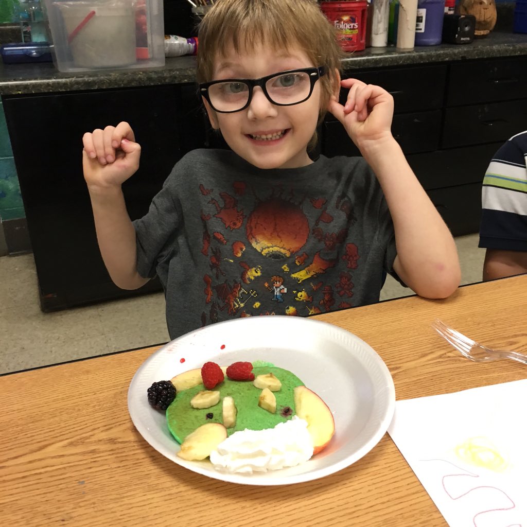 This morning Pre-K read "Go Away Big Green Monster." Afterward we made pancake monsters &amp; then we ate them up!