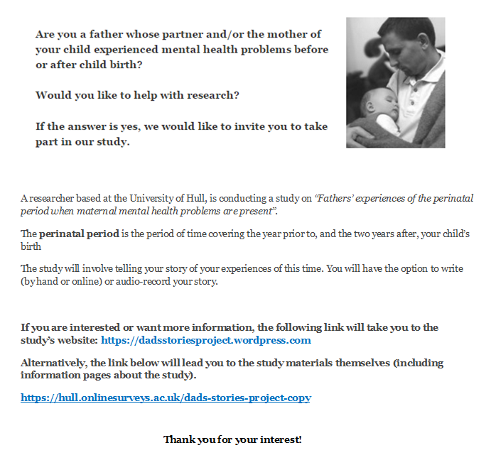 Important study in need of Dads!  goo.gl/AJEzM3 <a href="/JulieJomeen/">Julie Jomeen</a> <a href="/Pandas_uk/">PANDAS</a> <a href="/fatherhoodinst/">fatherhoodinst</a> <a href="/fathersreaching/">Fathers Reaching Out</a>