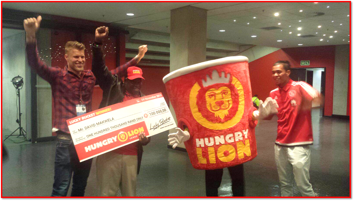 LuckyBucketSA's tweet photo. Celebrating big time with @hungrylion #LBwinner &amp; Ajax! :D https://t.co/wi4jSNu8ba